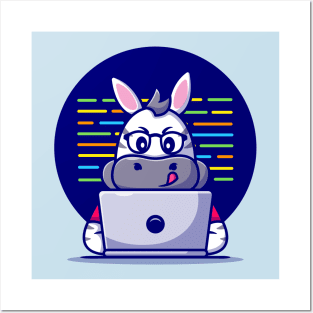 Cute Zebra Working On Laptop CartoonCute Zebra Working On Laptop Cartoon Posters and Art